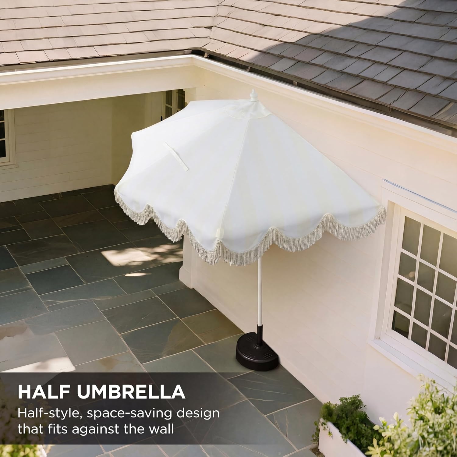 JONATHAN Y Beverly 9 ft. Coastal Cream and White Striped Half Patio Umbrella with Scalloped Fringe, Crank Lift, and Manual Tilt for Balcony, White Pole UMB1201K