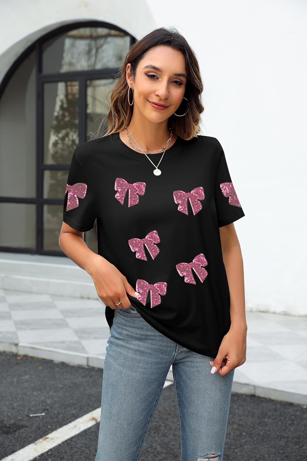 Womens Bow Shirt Coquette Aesthetic Shirts Cute Sequin Graphic Tees Trendy Pink Bow Ribbon Short Sleeve Tee Tops - Image 4