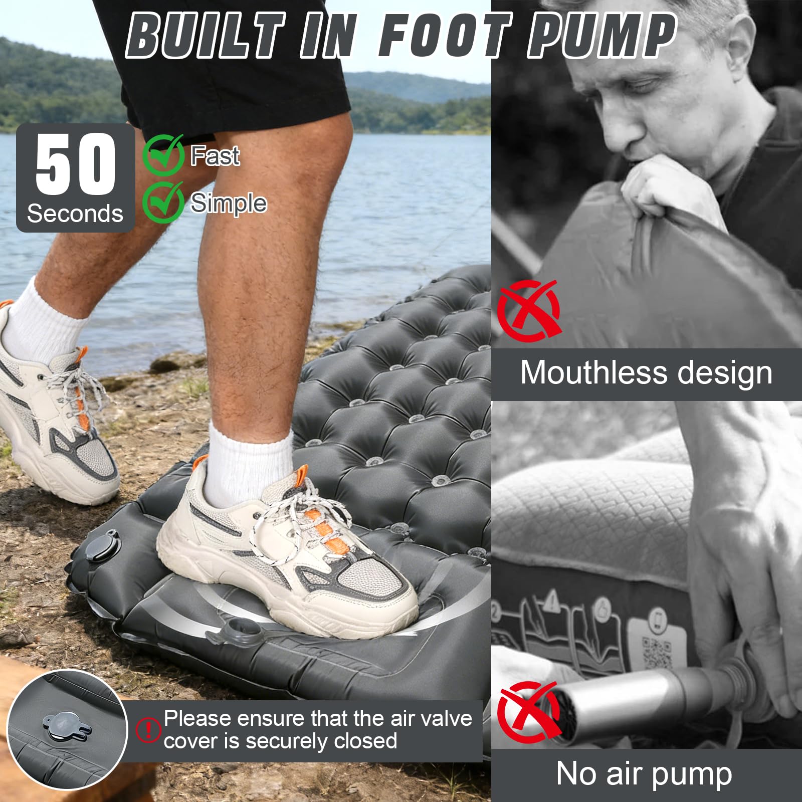 Colchoneta Autoinflable para Dormir para Acampar, Utraligero Esterilla Inflable Portatíl Colchón Individual, concon Bomba de Pie para Camping, Exteriores, Viaje(Gris) - 4