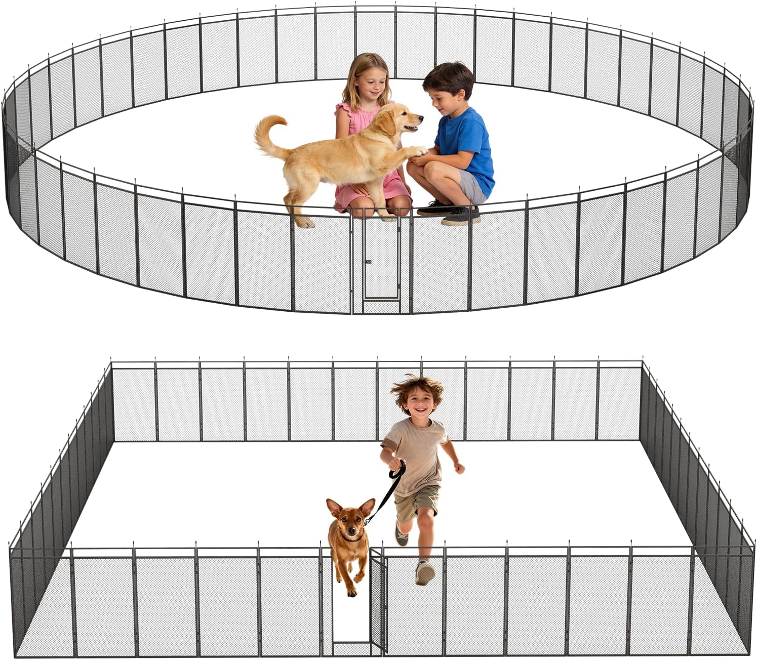 Dog Playpen with Safety Mesh, 32" Height 8 Panels Metal Dog Fence Indoor Outdoor, Portable Dog Kennel for Camping, Yard & RV | Black-Silver