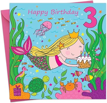 Twizler 3rd Birthday Card For Girl with Cute Mermaid & Glitter - Three Year Old - Age 3 Card - Childrens Birthday Card - Girls Birthday Card - Happy Birthday Card