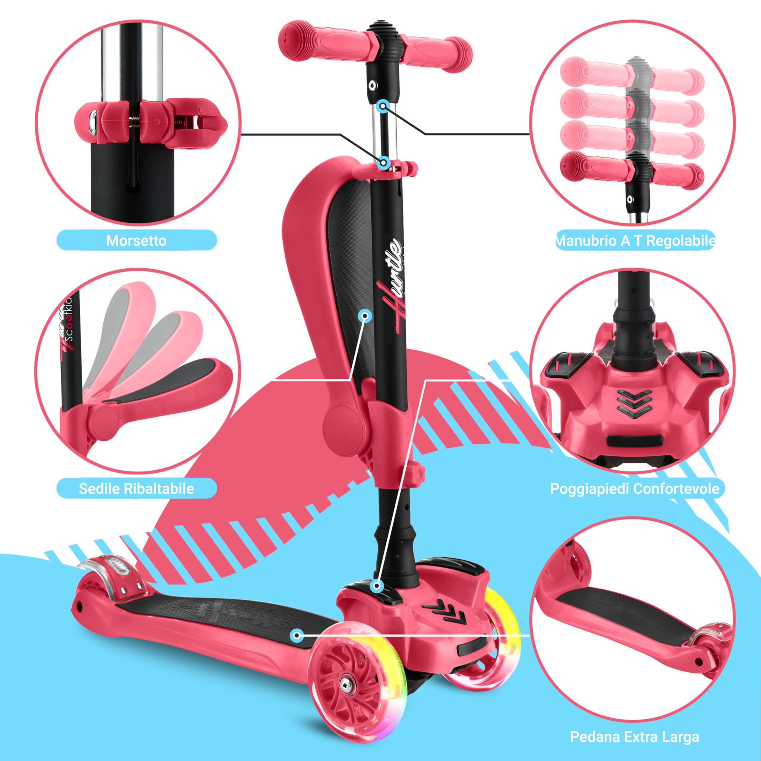 Hurtle Monopattino Bambino, Monopattino Bambina, Monopattino a 3 Ruote, Regolabile in Altezza con Sedile Pieghevole, Scooter per Bambini e Bambine con Ruote LED Multicolore, Dai 1 ai 14 Anni
