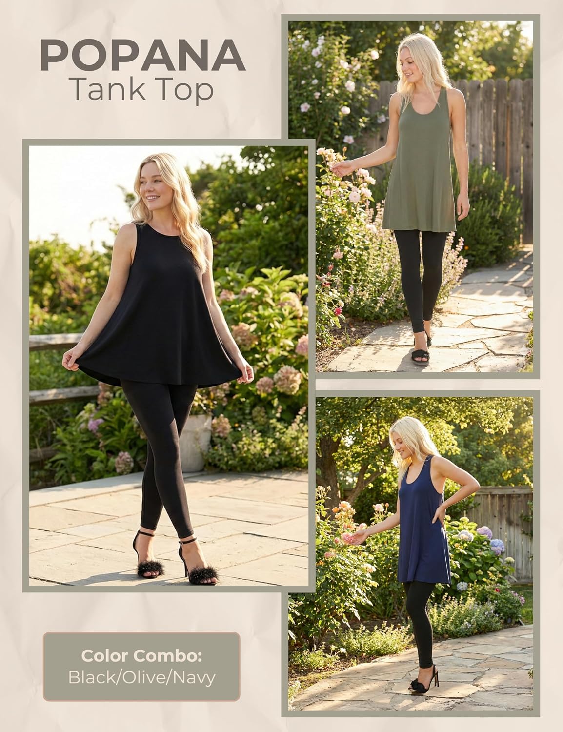 Popana Sleeveless Tunic Tops for Women, Flowy Soft Stretch Loose Dressy Fit Long Sleeveless Tops for Women 3-Pack