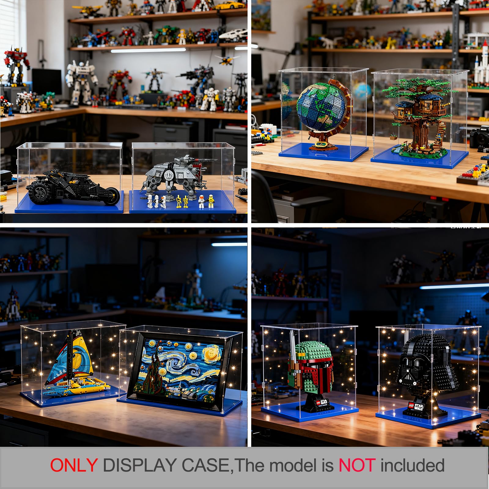 Acryl Vitrine 40x40x45 für Lego Baumhaus 21318 Globus 21332 Piano 21323 | Einfach zu installieren,Staubschutz,Klar,Blaue Basis
