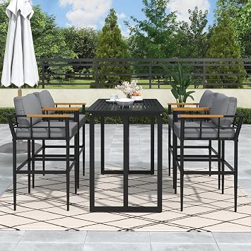 Quarte Unique Steel Outdoor 5-Piece Dining Table Set,Patio Furniture Set with Acacia Wood Armrest,for Porch Lawn Garden Backyard Poolside