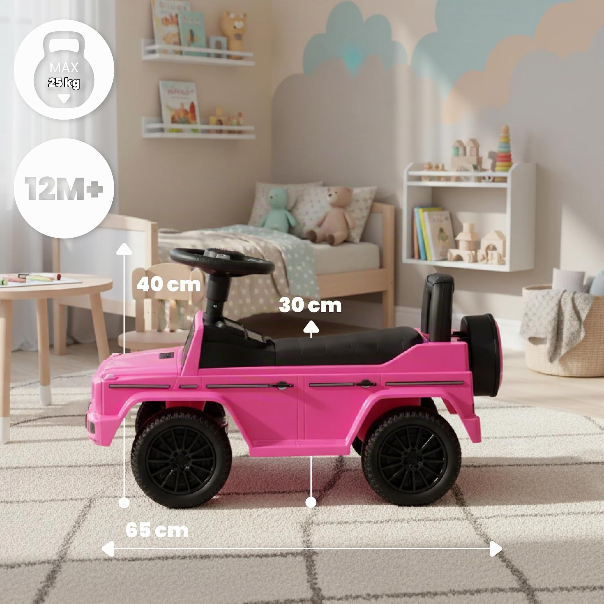 sun baby Coche de Empuje Mercedes Benz G, Coche para Niños a Partir de 1 año, Volante con Sonido, guantera, Rueda de Repuesto Falsa (Rosa)