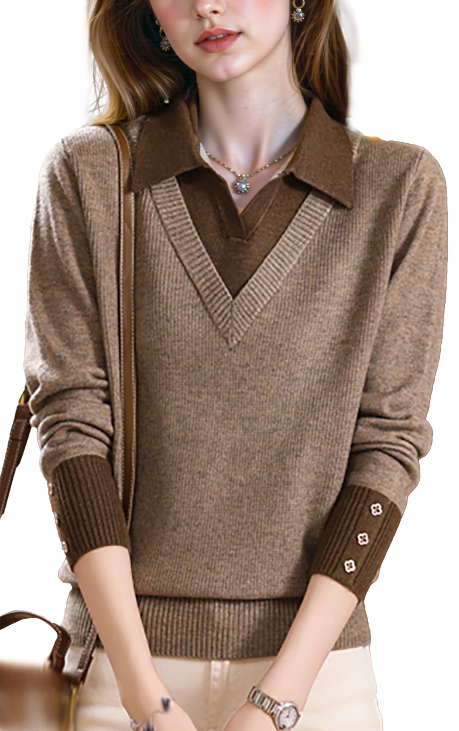 LAI MENG FIVE CATS Womens Polo Contrast Collar Sweater Casual Ribbed Knit Shirt V-Neck Tunic Pullover Top