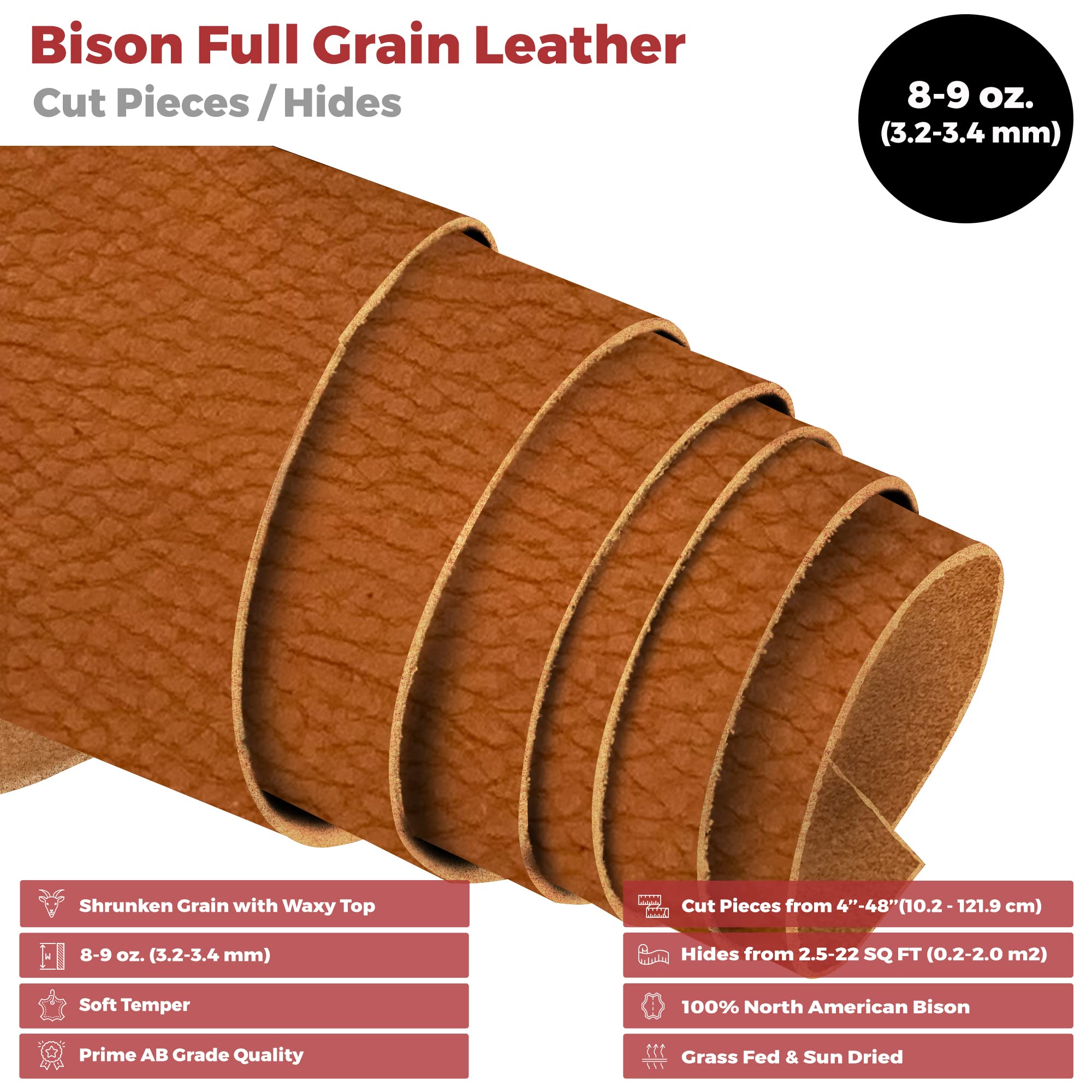 ELW Genuine American Leather Bison 8-9 oz (3.2-3.4mm) Tobacco Pre-Cut 12