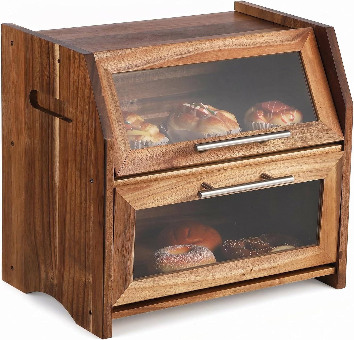 Garvee Bread Box for Kitchen Countertop, Double Layer Wooden Bread Box, Acacia Bread Storage Bin With See-Through Acrylic Doors and Ventilation Design, Countertop Organizer