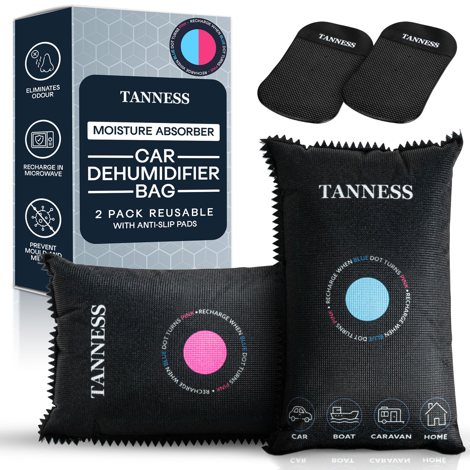 Tanness Car Dehumidifier Bags 2 Pack 400g Each – Reusable Moisture Absorber | Microwave, Radiator Rechargeable - Colour Indicator - Condensation Absorbers for Windows – For Cars, Home, Caravans & Boats