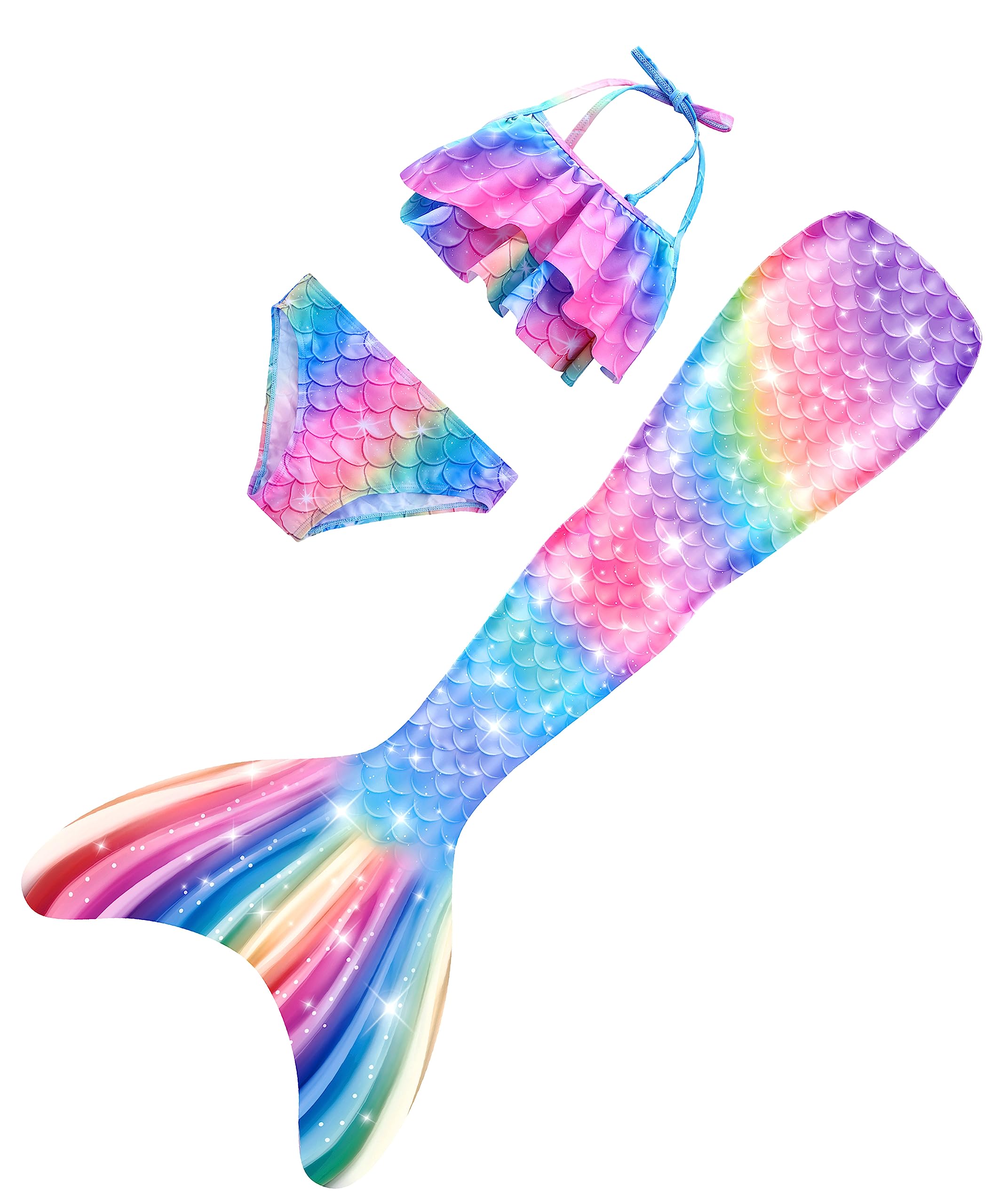 DNFUN 3pcs Traje de Baño Sirena niña Cuello Hálter con Cola de Sirena Bikini Set para Niña,sin monoaleta Dura Dura,M9,140