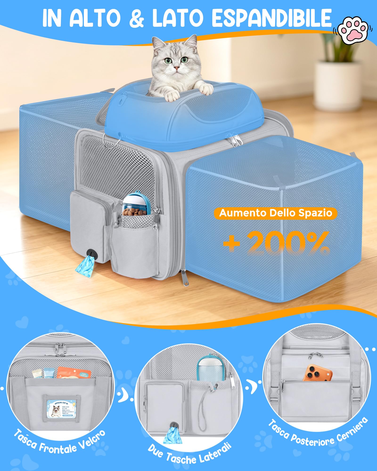 Trasportino Gatto Morbido Pieghevole Approvato Aereo Espandibile Borsa Viaggio Gatti Gatto Pieghevole Fino a 10kg Morbido Pet Carrier per Cani con Cuscino Lavabile e Guinzaglio Interno