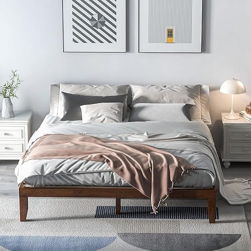 Miniatura 42 de Giantex Base de cama de plataforma de madera matrimonial de 14 pulgadas, base de colchón de estilo minimalista con madera de goma maciza, soporte de