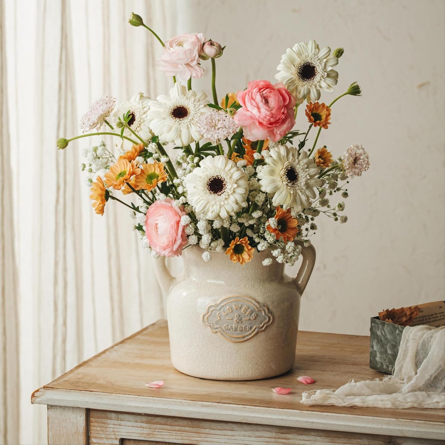 Rustic White Ceramic Vase, 5.8 Inch Vintage Flower Vases with Handle, Farmhouse Distressed Decorative Vases for Home Decor, Wide Mouth Vase for Living Room Bedroom Table Shelf Decorations - Image 3