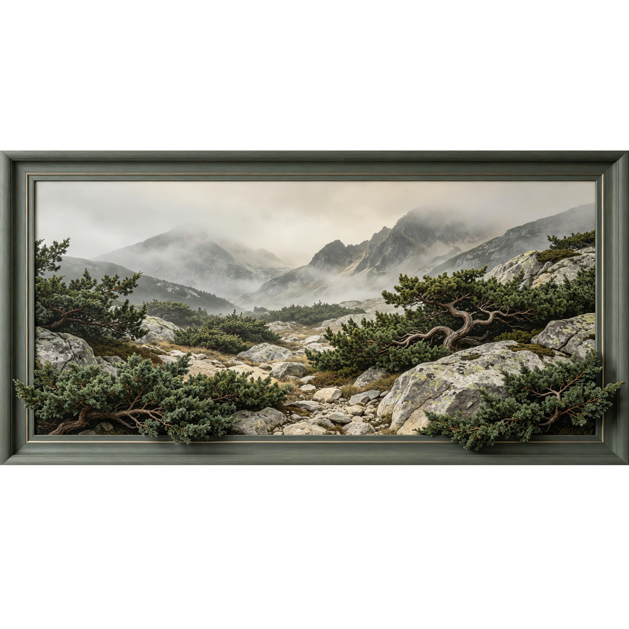 Agglomerix 3D Framed Wall Art Mountain Lake Alpine Conifer Pine Rock Foggy Mist Landscape Large Size SelfAdhesive Removable Wall Decor Prints Artwork for Living Room Bedroom Office