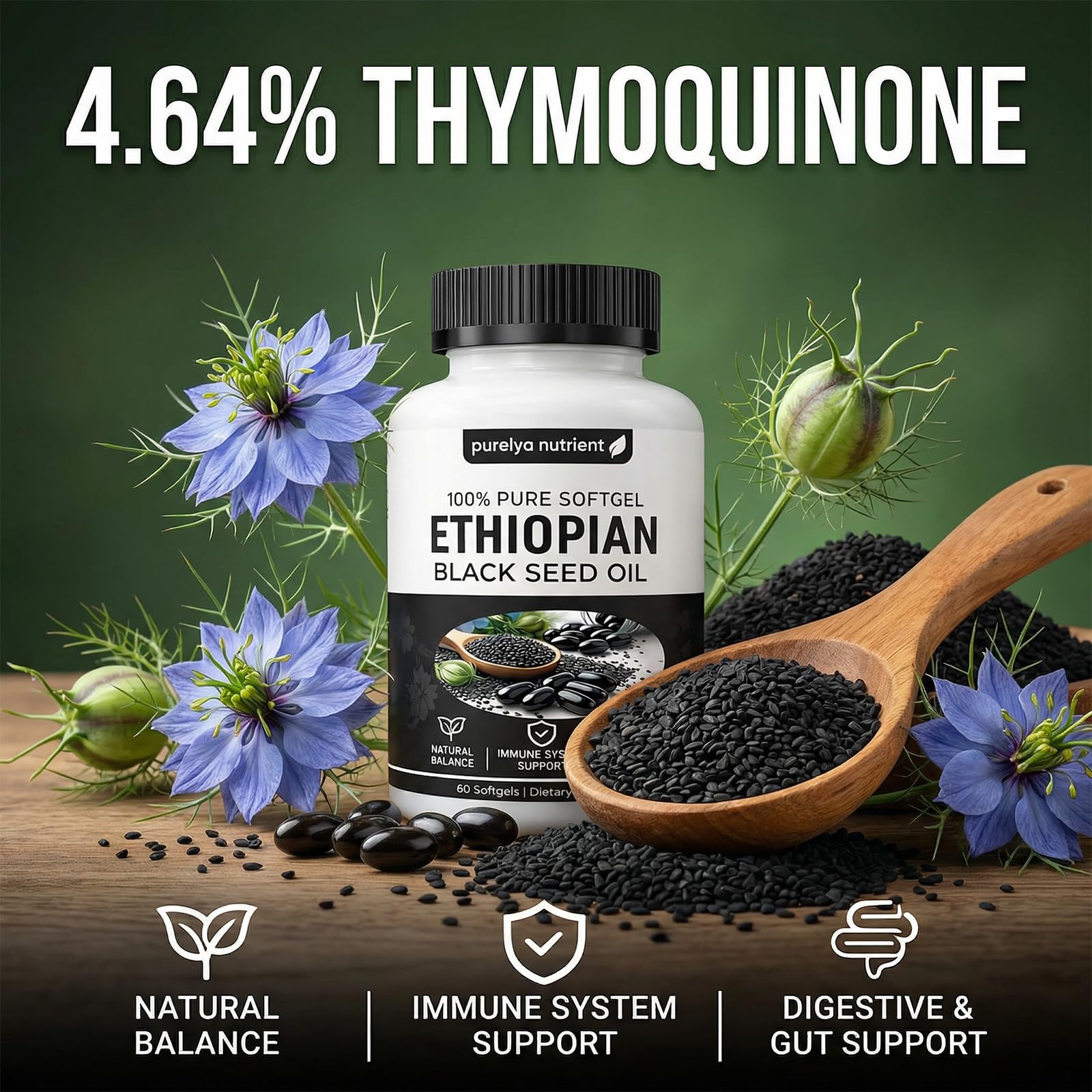 Ethiopian Black Seed Oil Capsules,Purely Nutrient Black Cumin Seed Oil from Nigella Sativa, Non-GMO Black Seed Oil Supplement Organic Cold Pressed, Easy-to-Swallow Softgels for Daily Wellness (2 Pack) — view 6