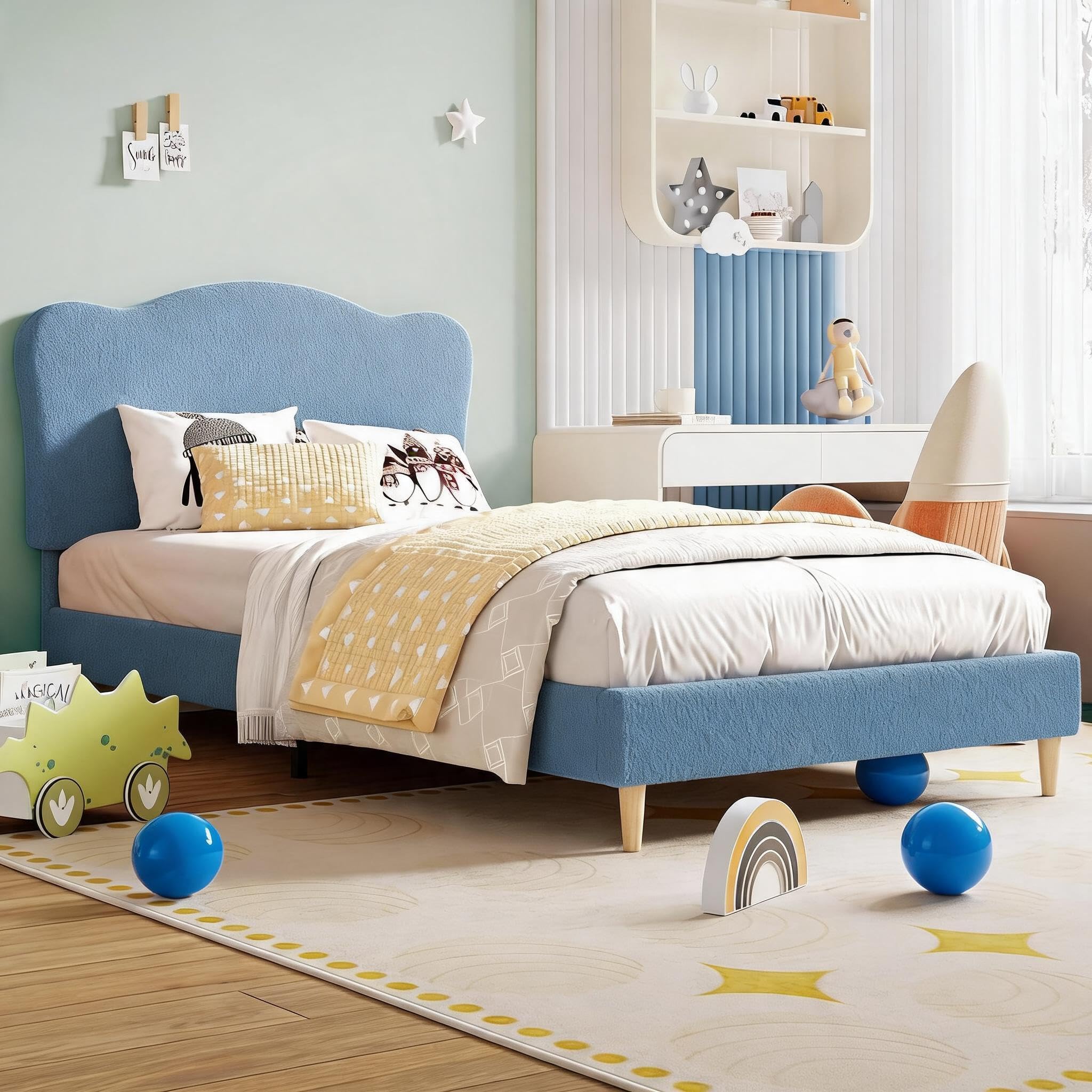 Aptliton Single Bed Frame, Berber Fleece Fabric, Upholstered Twin Size Bed Frame for Kids with Scallop Headboard, 190×90×103cm, 158 kg Capacity, with Metal Structure & Wooden Legs, Blue