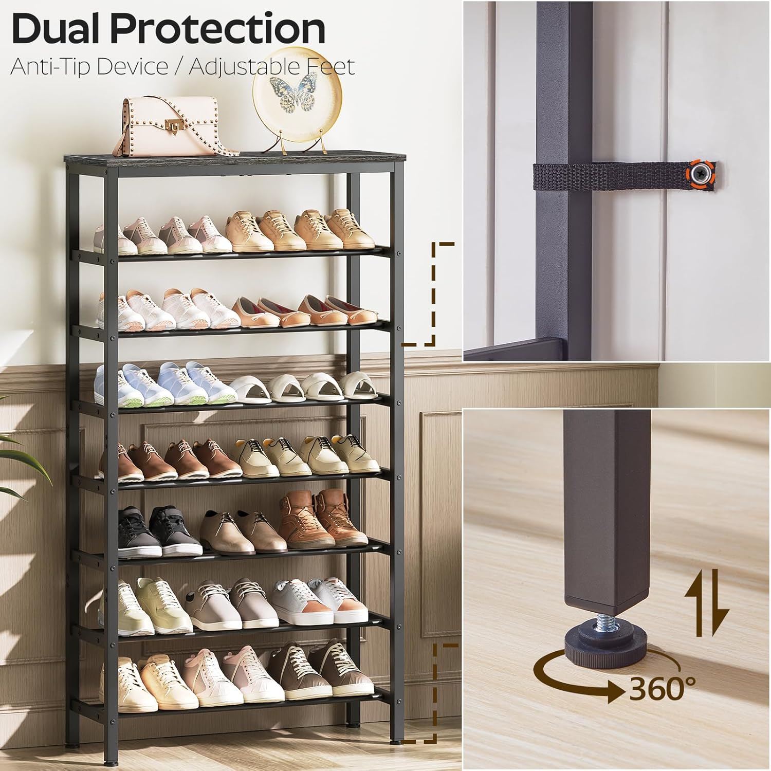 YATINEY 8 Tier Tall Shoe Rack, Large-Capacity Shoe Storage Organizer, Free Standing Shoe Shelf for Closet, Adjustable Metal Shoe Racks Organizer for 32 Pairs of Shoes, Charcoal and Black SS78BC