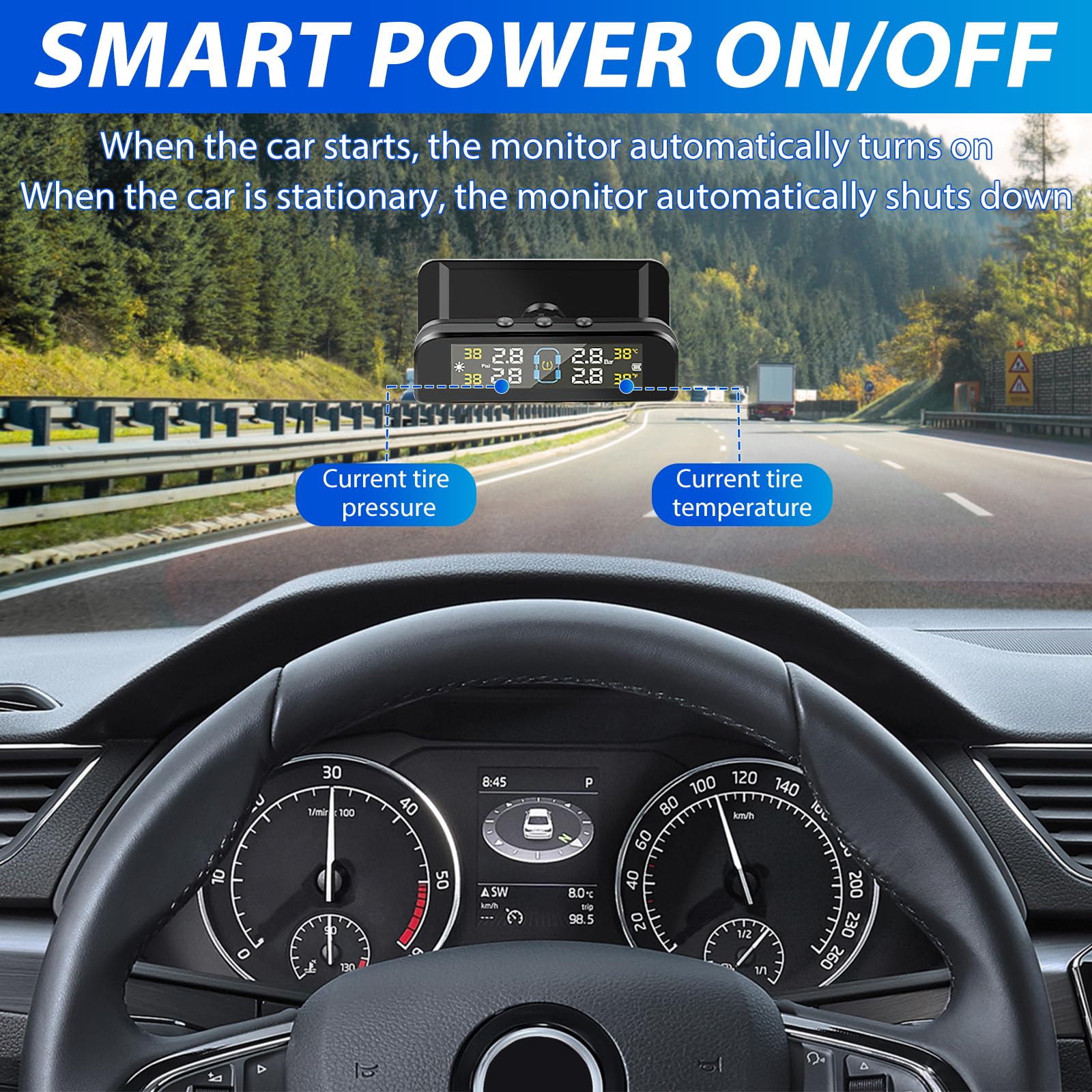 Système de Surveillance de la Pression des Pneus TPMS avec 4 Capteur Pression Pneu 0-6 Bar Charge Solaire et USB Surveillance en Temps Réel avec Alarme pour Voiture Camping-Cars Remorques