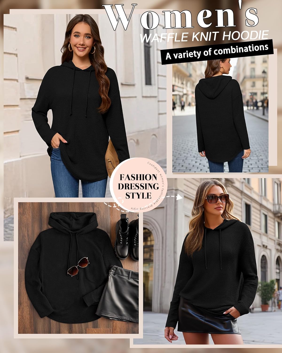 Oversized Hoodies for Women Waffle Knit Casual Long Sleeve Drawstring Pullover Sweatshirt Loose Fit Hooded Tops - Image 3