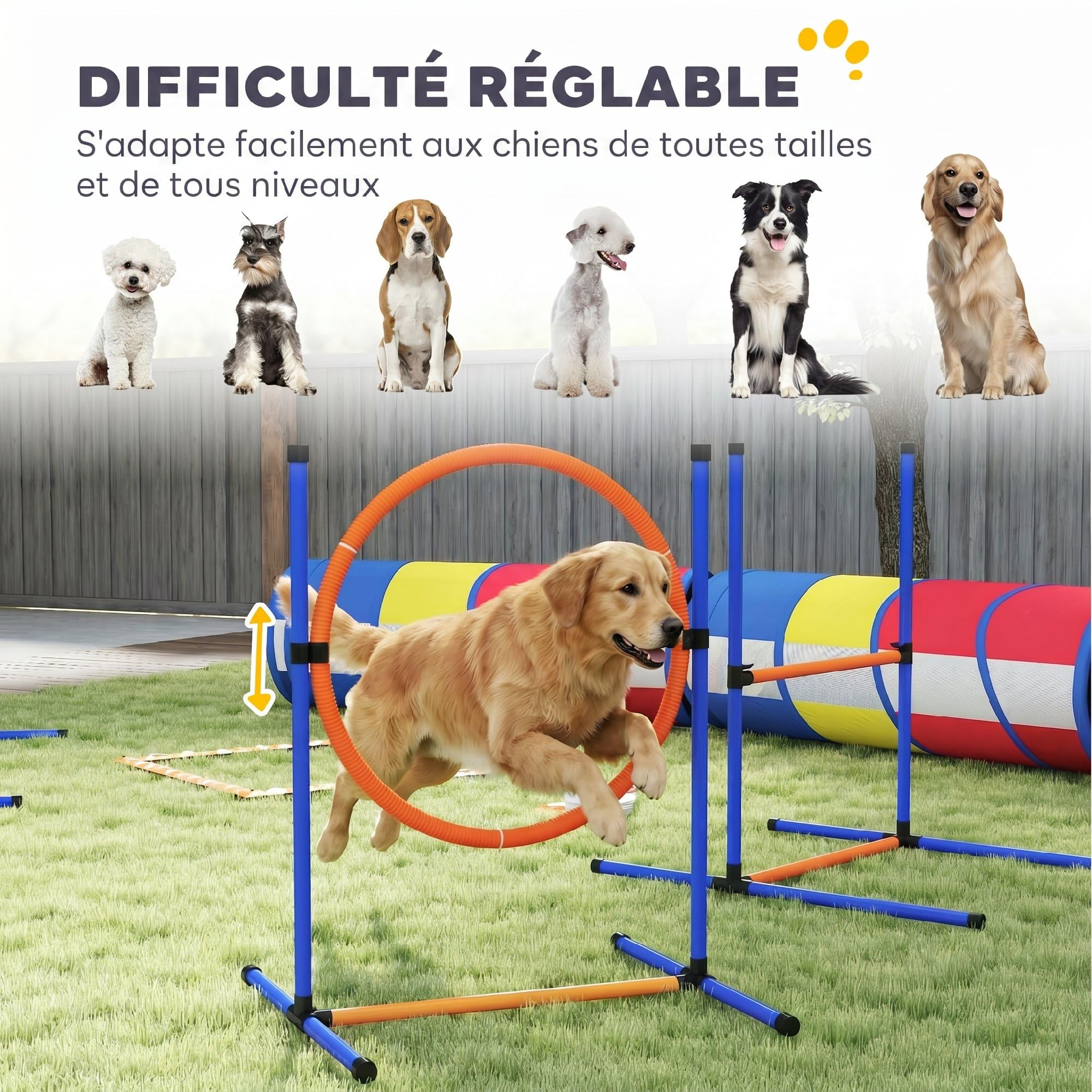 PawHut 12-częś. agility set, przeszkoda regul. i pierś. | Tor przeszk., Zest. ogrod., 4 tun., Słupki slal., Skrz. pauzy, Torb. smakoł., Miska, Torb. przen., Uż. wewn./zewn.
