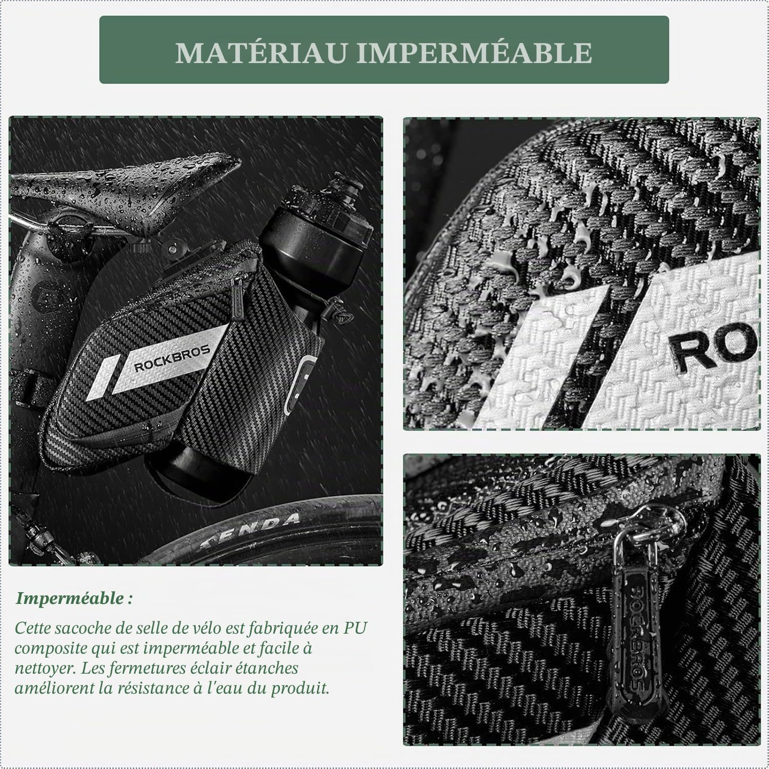 ROCKBROS Sacoche de Selle de Vélo 1L, Sac de Siège avec Porte-Bouteille, Réfléchissant pour VTT Vélo de Route Pliant Noir