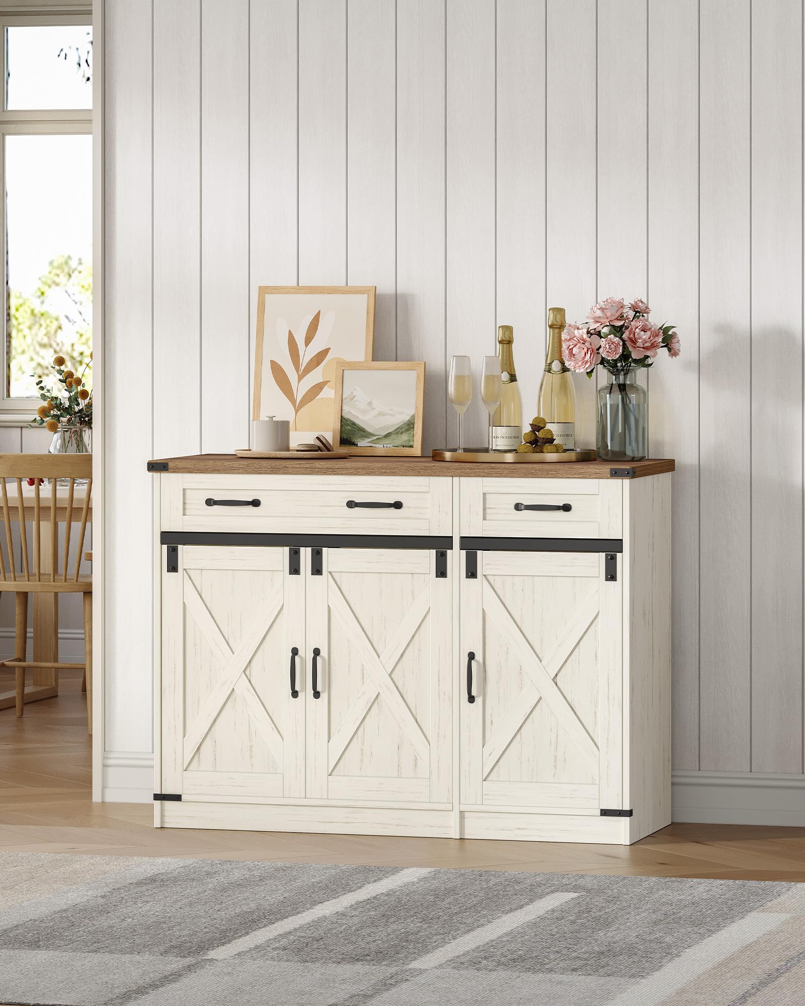 Hzuaneri Armario de Cocina, Aparador Cocina, Armario de Almacenamiento con 2 Cajón, 3 Puertas, Estantes Ajustables, 40 x 108 x 80 cm, Blanco Rústico y Marrón Miel SC85814X