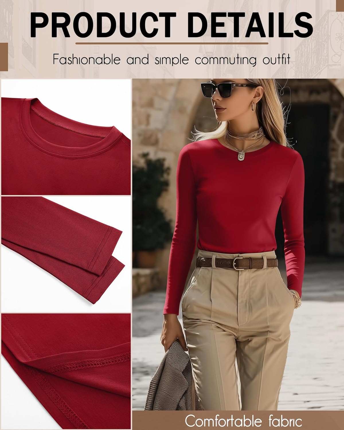 Neer 4 Pack Women's Long Sleeve Shirts Underscrub Crew Neck Slim Fit Undershirts Stretchy Casual Tight Tops(Dark Coffee, Red, Dark Green, Black,Large) - Image 6