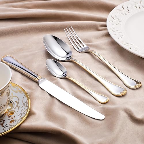 Miniatura 3 de Juego de cubiertos dorados de acero inoxidable pulido con espejo, cuchara y tenedor, apto para lavavajillas, regalo de boda, servicio de