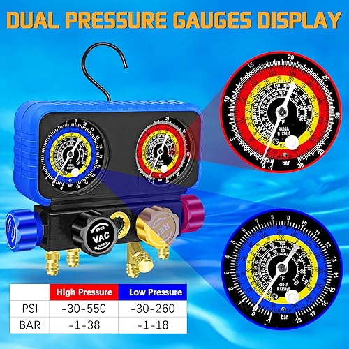 Miniatura 2 de Juego de manómetros de colector de CA R134A R1234YF, juego automotriz de 4 vías de medidor de CA para automóvil R1234yf R134a R404a, kit de recarga