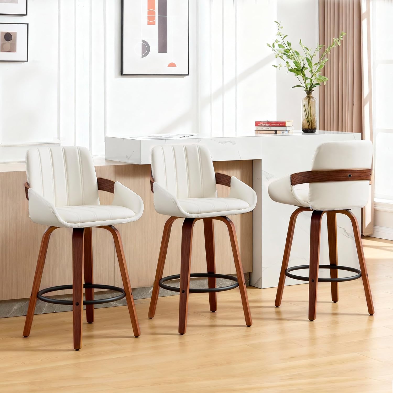 VipDesk Swivel Bar Stools Set of 2, 26" Counter Height Bar Stools with Back and Arms, Faux Leather Modern Upholstered Bar Chairs with Walnut Frame for Kitchen Island Bar - Black