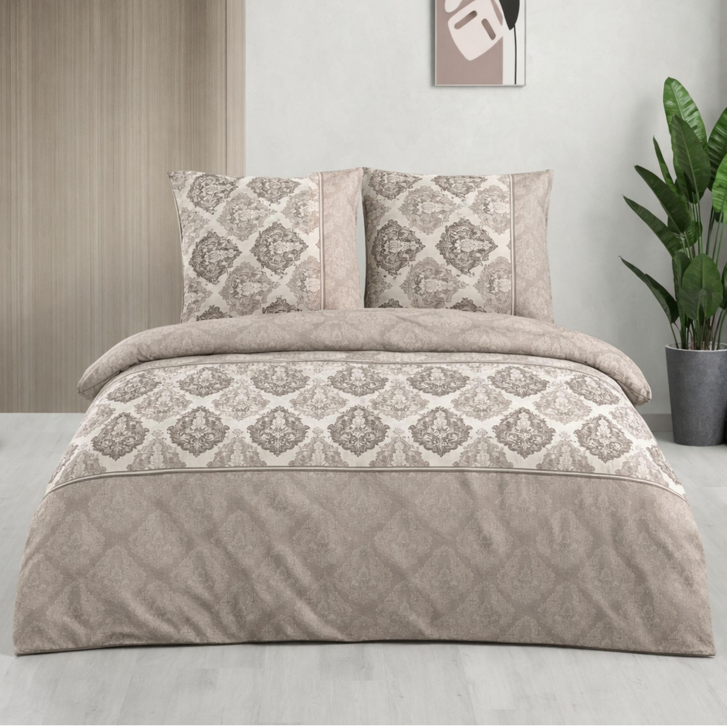 ZIRVEHOME Bettwäsche 135x200 cm 2-teilig Braun Bettbezug 135x200cm klassisches Ornament Design in Braun, Beige und Cremetönen Baumwoll-Bettwäsche-Set 135 x 200 cm. RomanaP1