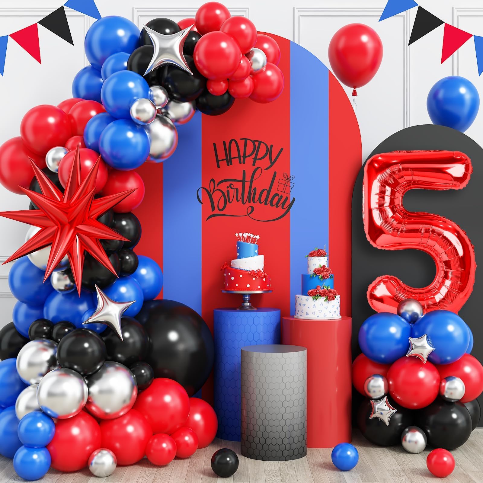 5th Birthday Decorations for Boys, Royal Blue Black Red Silver Balloon Garland Arch Kit with 40 Inch Red Number 5 Balloon Tower, 5th Birthday Balloons