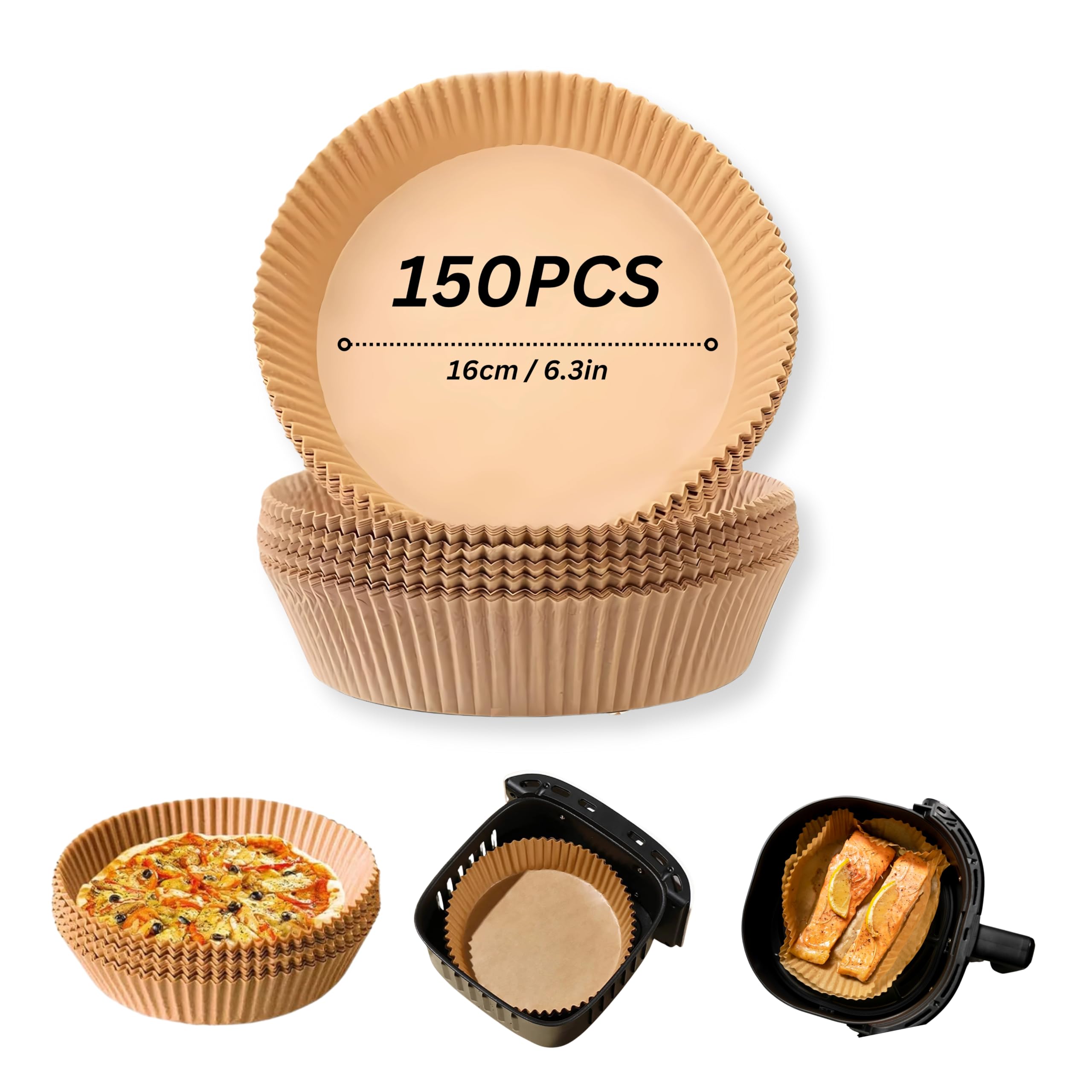 Air Fryer Liners Disposable 150PCS, 16cm Round Unbleached Greaseproof Parchment Paper, Food Grade Air Fryer Baking Paper for 5-8L Air Fryers, Compatible with COSORI, Ninja & Tower, Easy Clean-Up