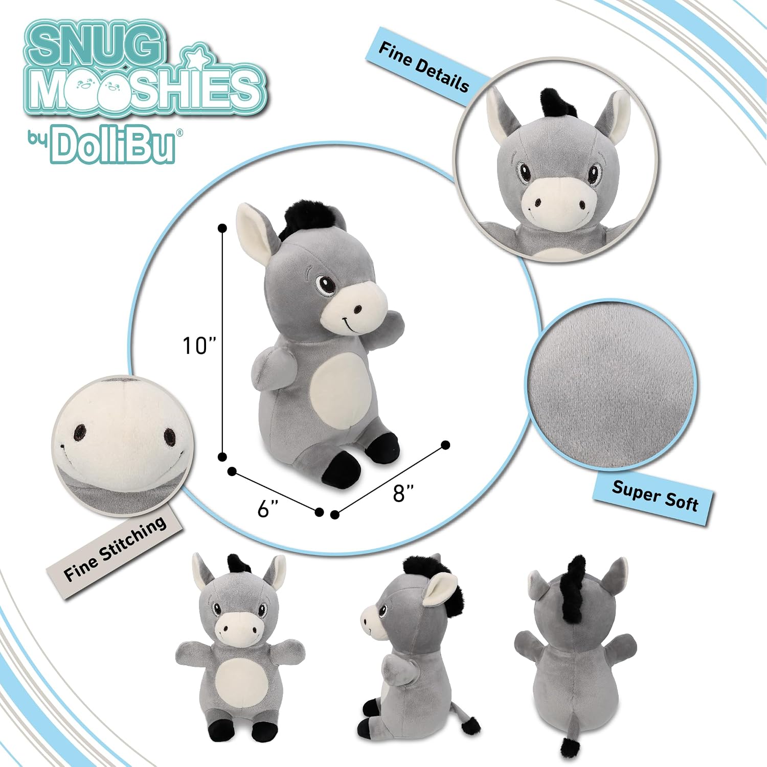DolliBu Snug-Mooshies Standing Donkey Stuffed Animal Plush Toy - Super Squishy Soft Animal Friend for Girls and Boys, Medium Huggable Cute Plush for Kids Play, Cuddling, Decoration - 10 Inches