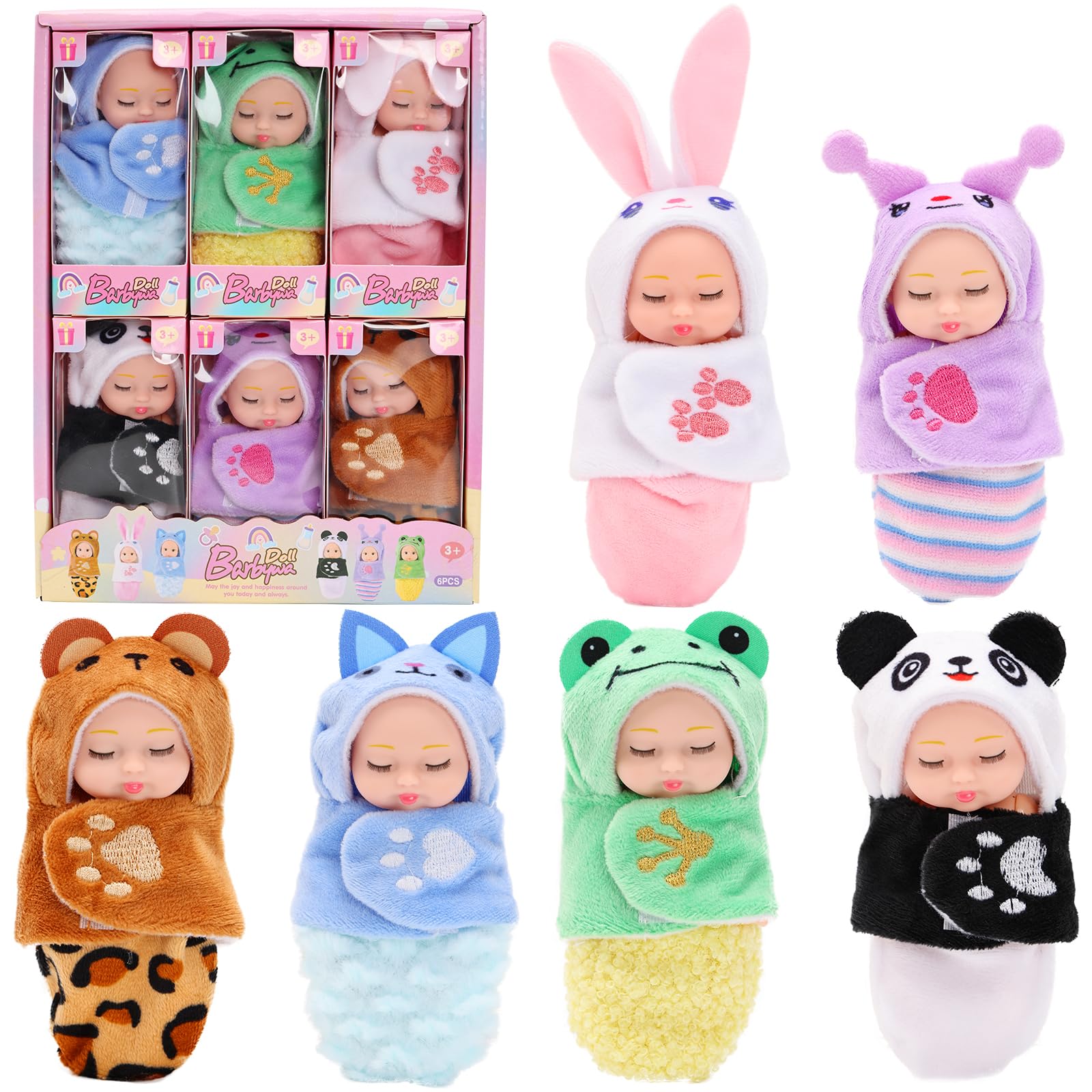 6 Sets 4 Inch Cute Baby Dolls with 6 pcs Sweet Animal Sleeping Bag, lovely Sleeping baby Dolls, Miniature Realistic Movable Baby Dolls for Toddlers, Tiny Newborn Baby, Washable PVC Material
