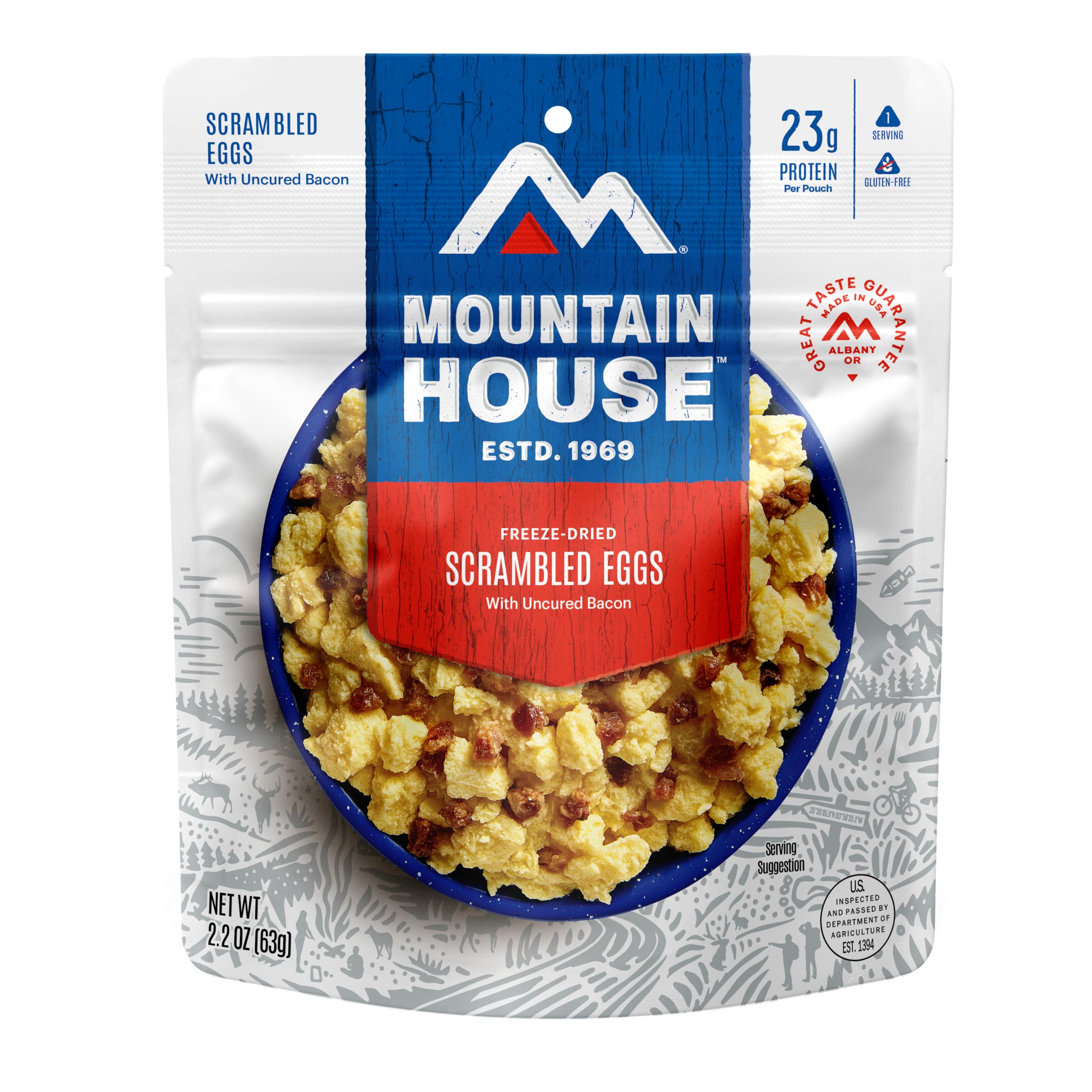 Mountain House Scrambled Eggs with Uncured Bacon | Freeze Dried Backpacking & Camping Food | 1 Serving | Gluten-Free