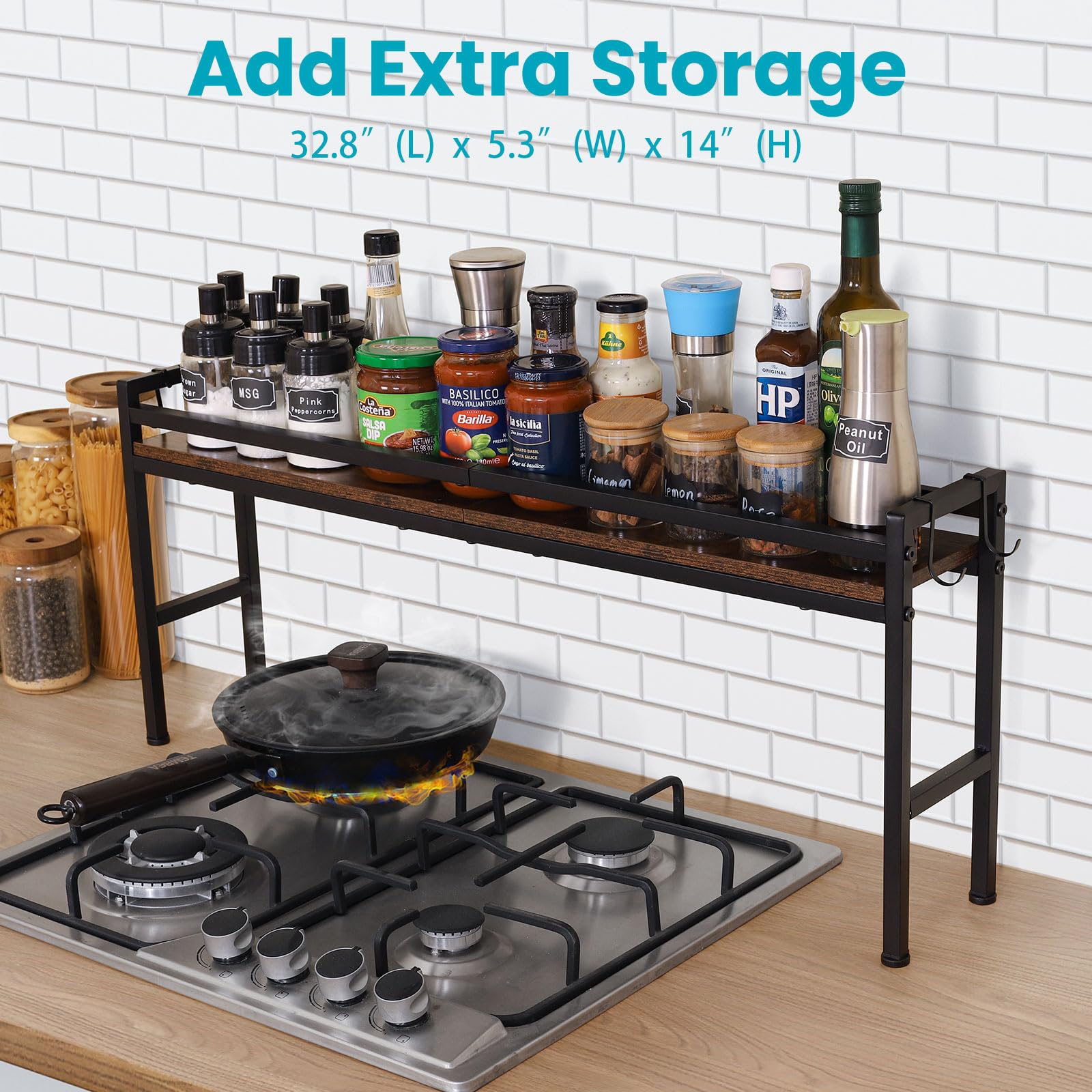 Estante de especias para estufa de cocina, estante superior de estufa con 4 ganchos de almacenamiento adicional, organizador de condimentos, organizadores de cocina y almacenamiento
