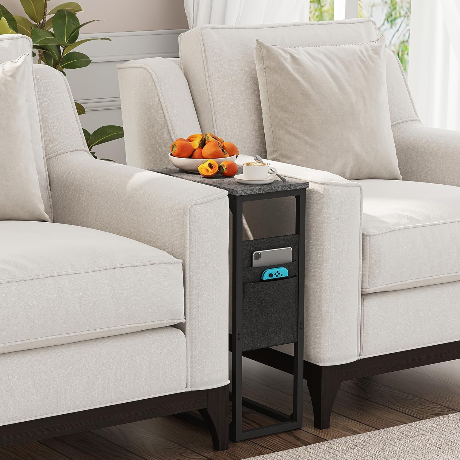 TUTOTAK C Shaped End Table, Side Table for Couch, Sofa Table with Storage Bag, TV Tray for Living Room, Bedroom, Charcoal Grey TB01BY082