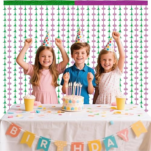 Miniatura 6 de Decoraciones de fiesta de bruja, 3.3 x 6.6 pies, cortinas de flecos de papel de aluminio de oropel rosa y verde, telón de fondo, accesorios de fotos