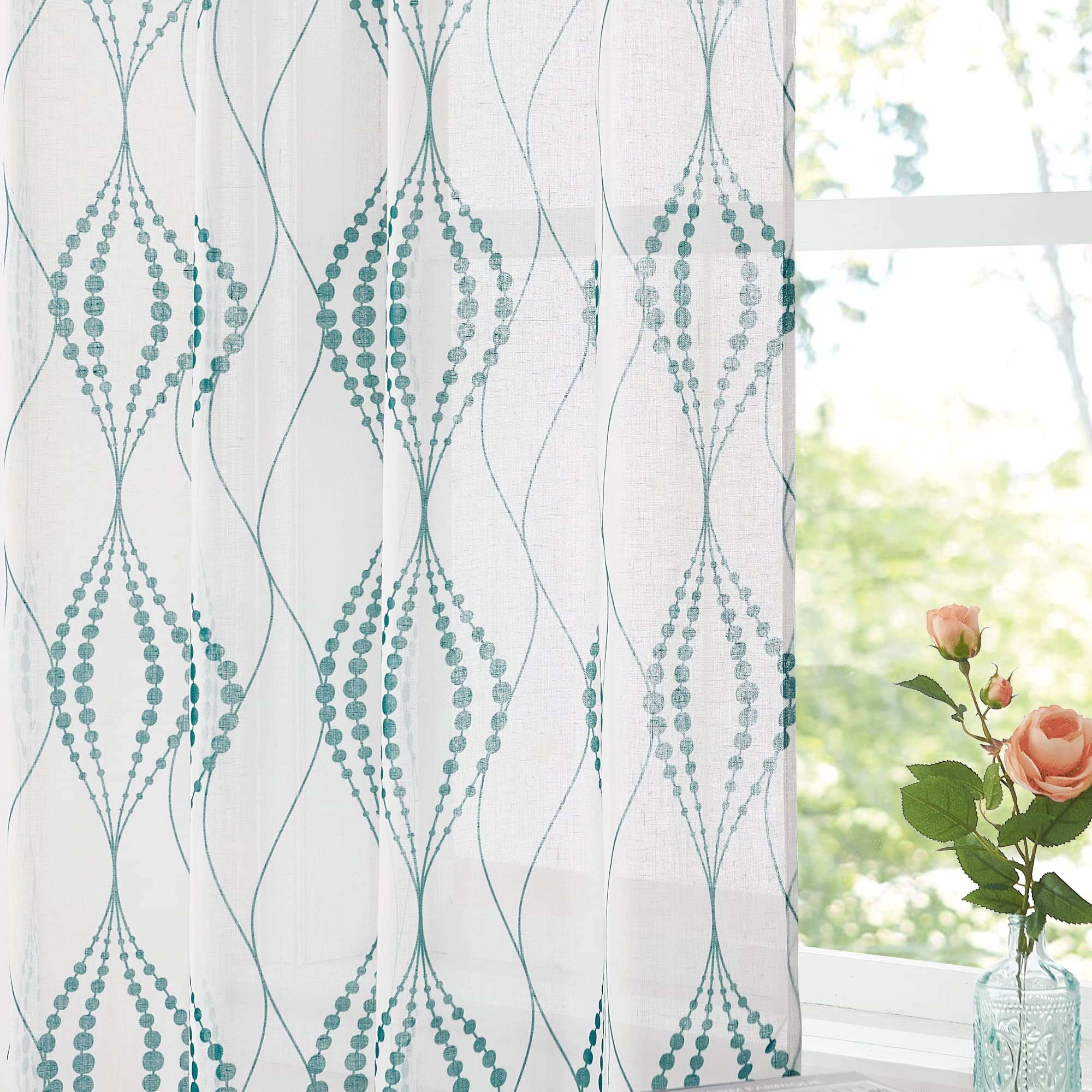 NICETOWN Linen Sheer Wave Curtains with Dots Lantern Pattern for Living Room, Grommet Vertical Semi Sheer Drapes Privacy with Light Filter for Villa/Cottage, Teal, W50 x L84, 1 Pair