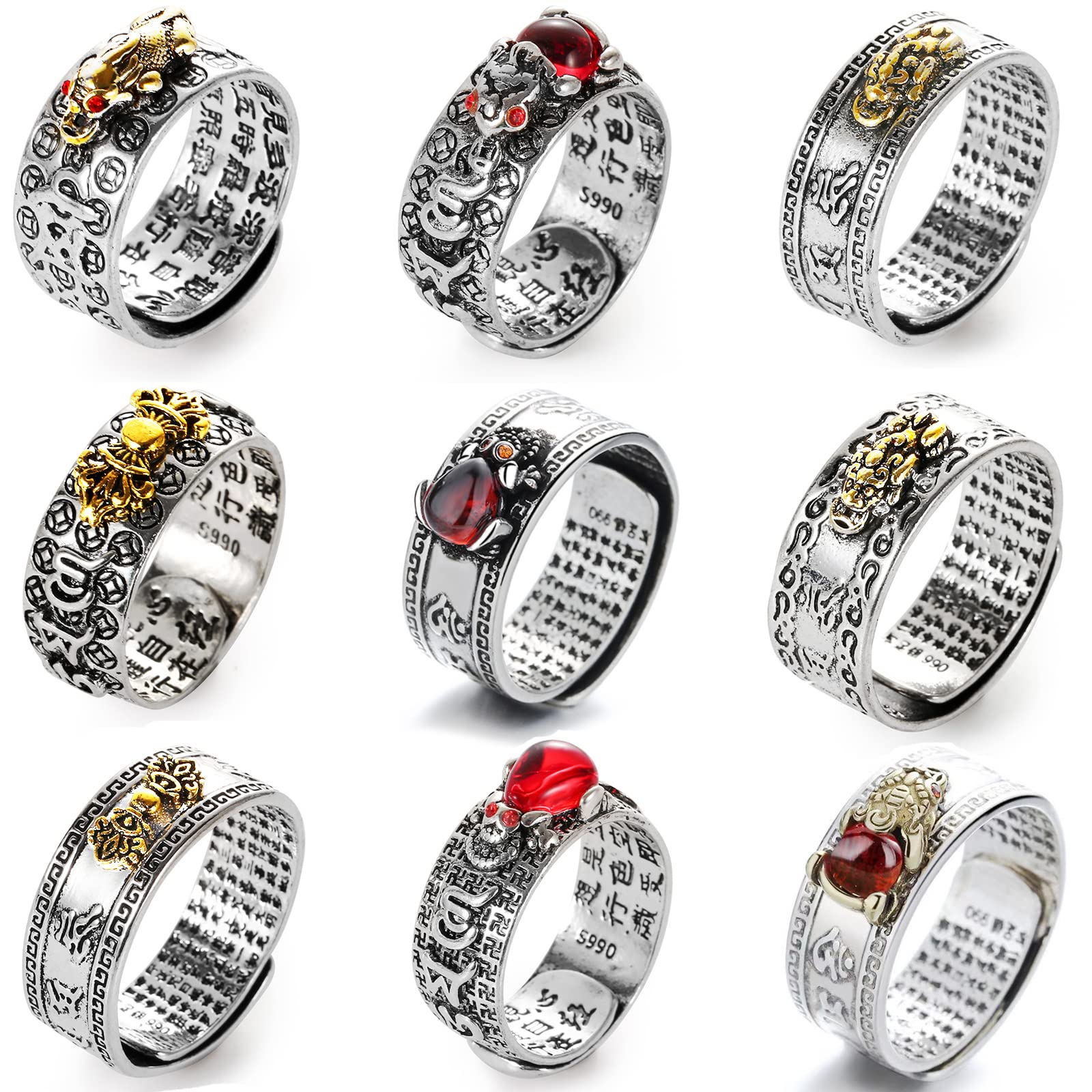 CASDAN9 Pieces Feng Shui Pixiu Ring Buddhist Lucky Amulet Mantra Double Protection Wealth Ring For Men Women Adjustable Garnet Ring Gift Jewelry
