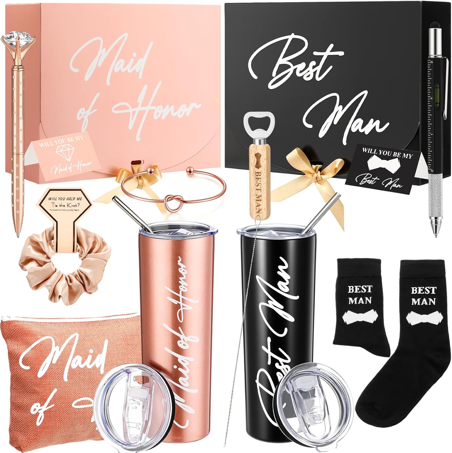13 Pcs Bridesmaid and Groomsmen Gifts Set Maid of Honor Proposal Gift Boxs Groomsmen Gift Boxs Wine Tumbler Makeup Bag Socks Cards Hair Tie Bracelet Keychain Pen for Women Men Wedding Party