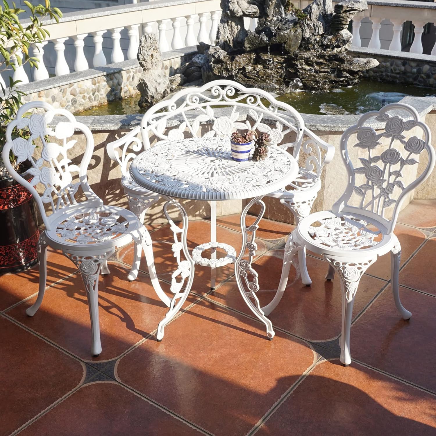 KAI LI Outdoor Outdoor Tables and Chairs cast Aluminum Four Piece Set, Including a Table, Two Round Chairs and a Bench Rose White Style Swimming Pool Leisure : Patio, Lawn & Garden