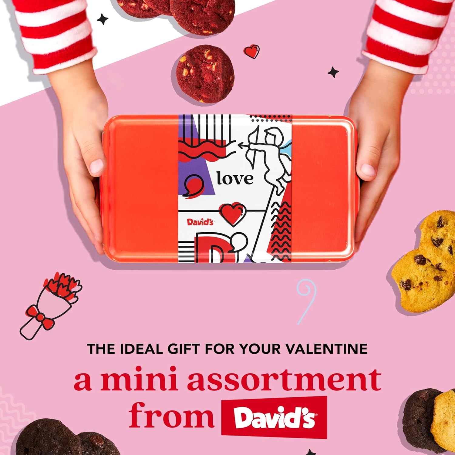 David's Cookies Mini Cookie Sampler in Love Tin, 14 oz Fresh Baked Assorted Bite Size Cookies, Chocolate Chip, Chocolate White Chip & Red Velvet, Gourmet Sweet Treat for Couples Friends