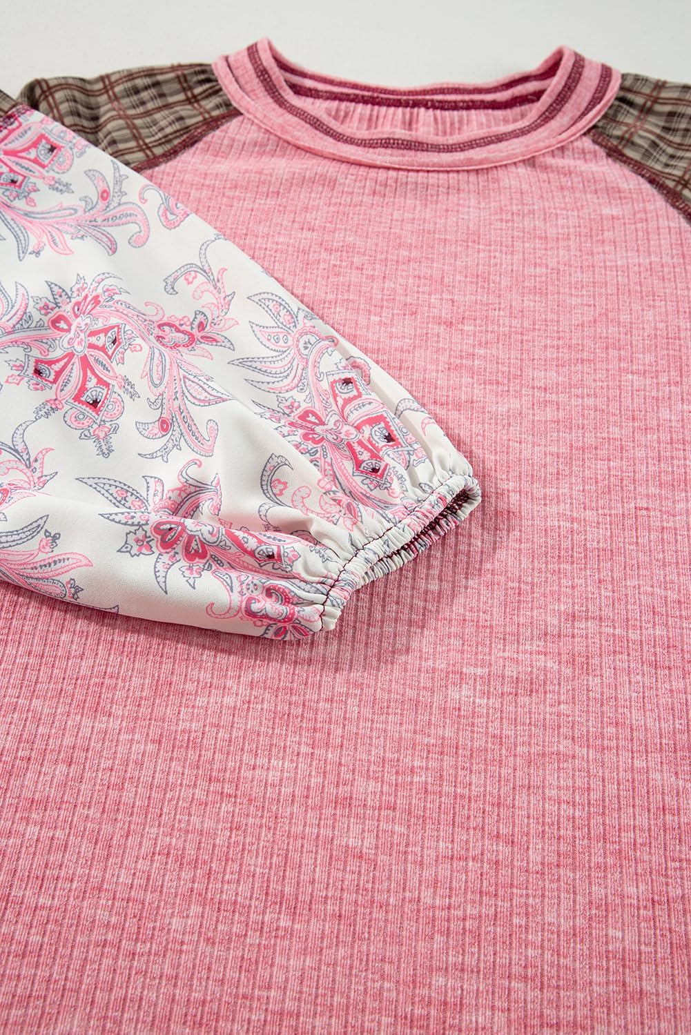 Ecosunny Women's Casual Round Neck Long Sleeve Shirts Mixed Print Patchwork Raglan Ribbed Knit Loose Tunic Blouses Tops - Image 5