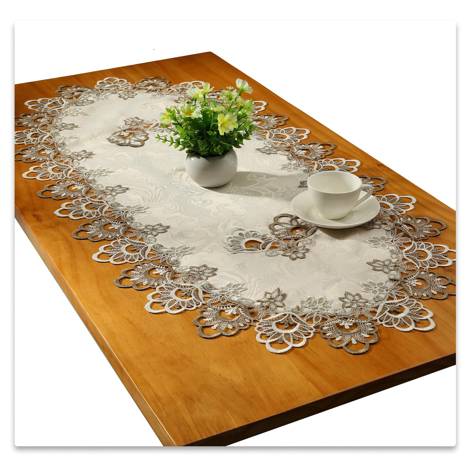 Lace Oval Table Runner Embroidered Tablecloth Lace Doily Oval Blanket Towel for Living Room Cabinet Coffee Table 70 x 130 cm, Grey