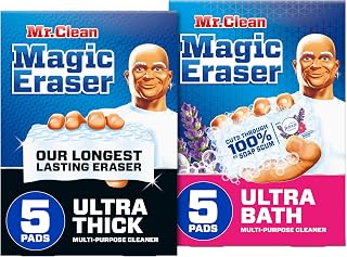 Bundle of Mr. Clean Magic Eraser Ultra Bath Multi Purpose Cleaner for Bathroom, 5ct + Mr. Clean Magic Eraser Ultra Thick Multi Purpose Cleaner, 5ct