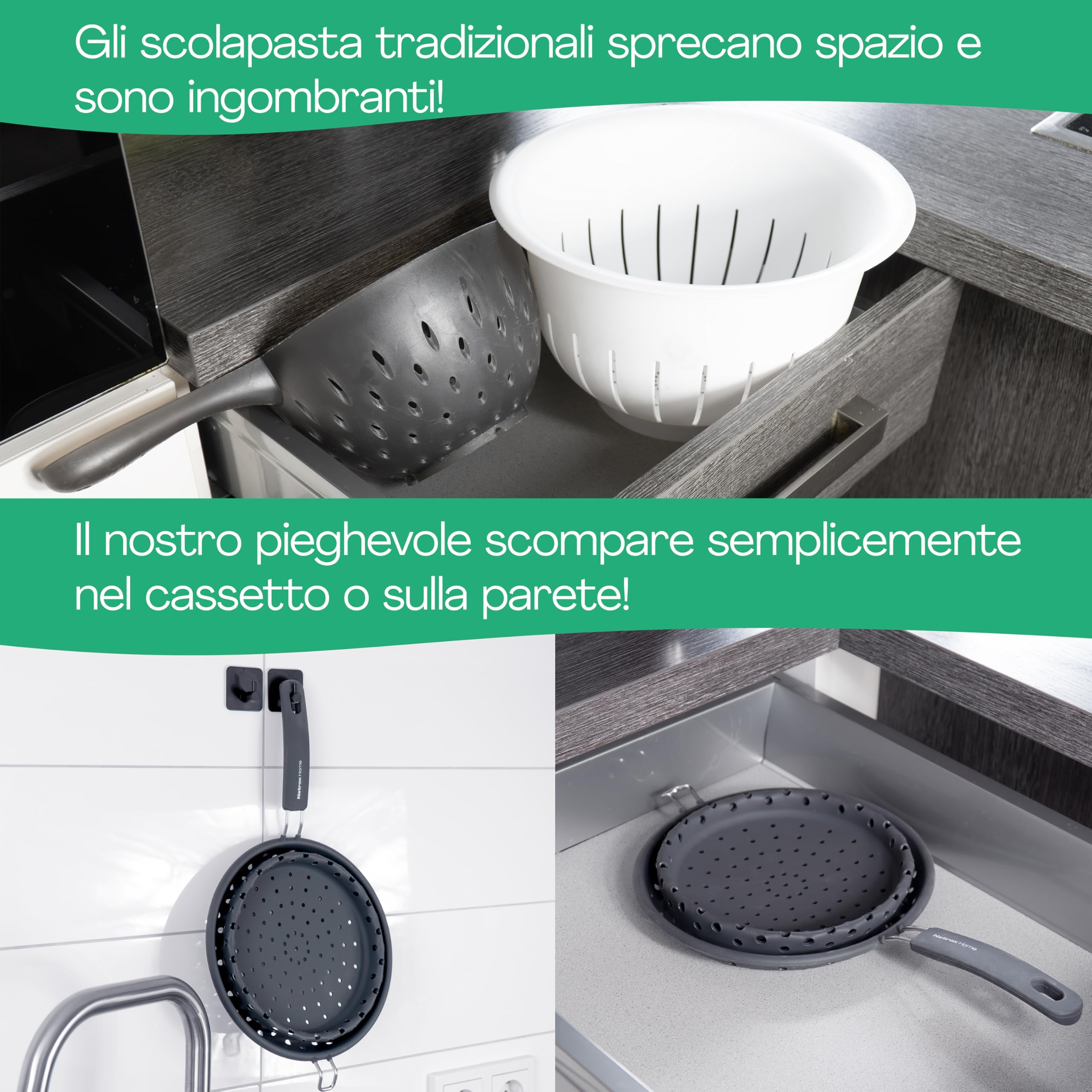 Netrox – Colino da cucina pieghevole in silicone Adatto per alimenti, lavabile in lavastoviglie e senza BPA Scolapasta per pasta con manico per pentola