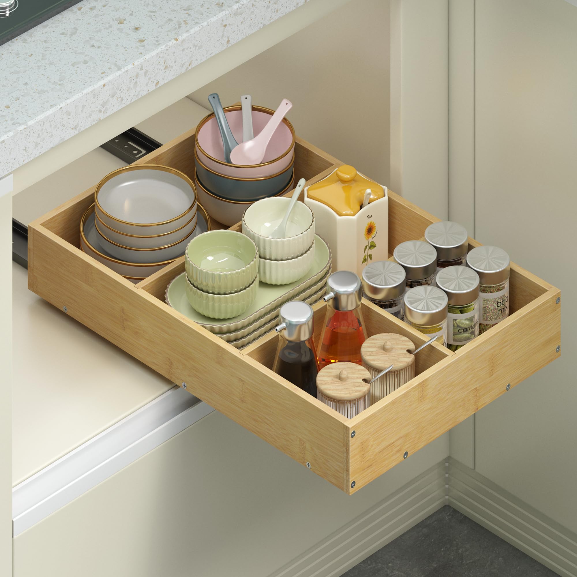 Pull Out Cabinet Organizer Drawers, 14" W x 21" D Removable & Space Saving No Drill Adhesive Bamboo Slide Out Shelves with Soft Close for Kitchen Pantry Bathroom Storage Nature 14" W x 21" D (1Pack)
